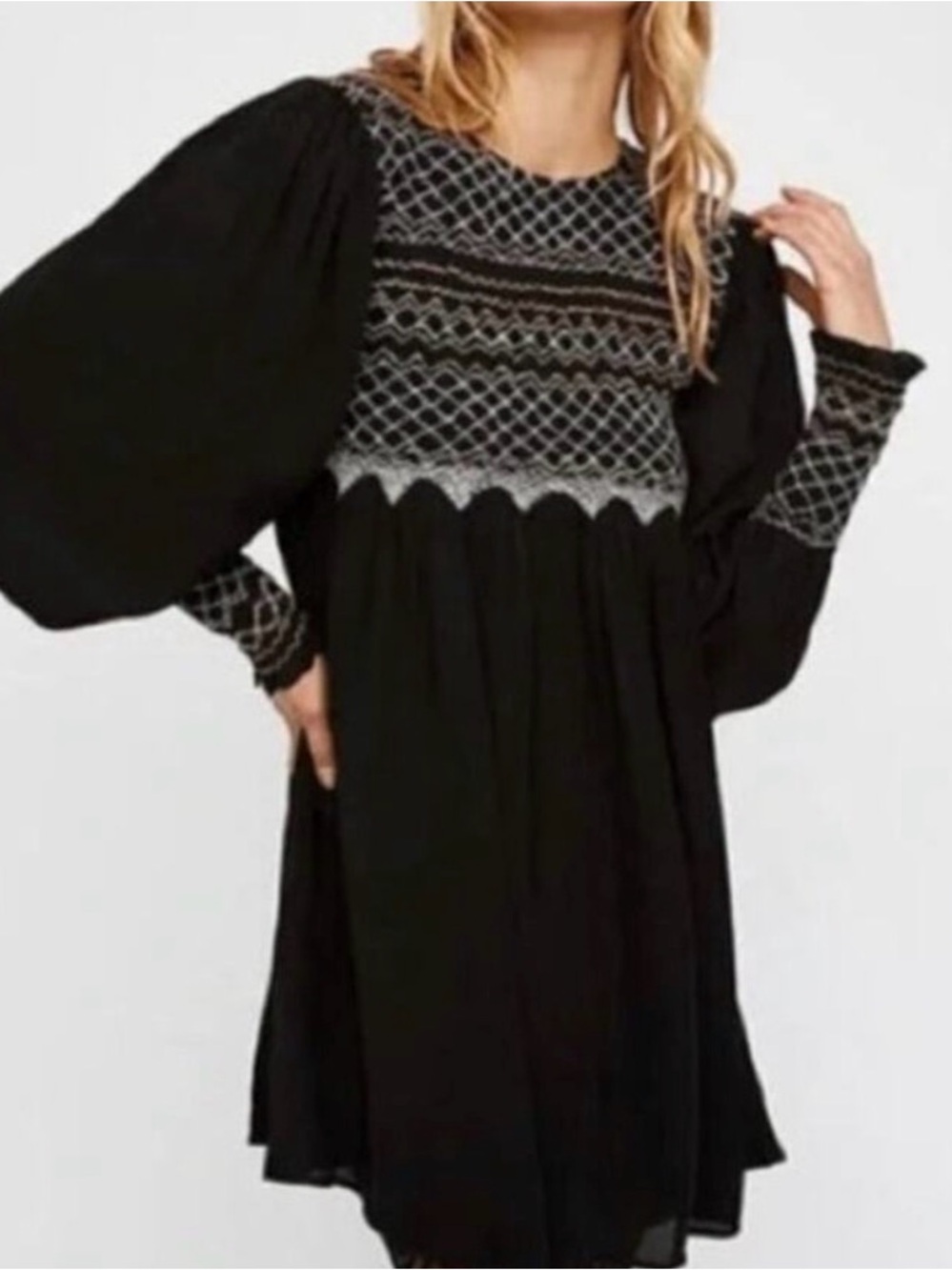 Free People Black Mini Dress with Gray Embroidered Yoke